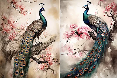 中国传统风格长尾孔雀水墨画