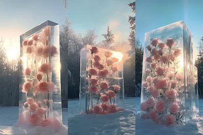 清晨森林雪地冰墙玫瑰花