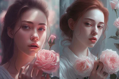 梦幻超现实女子手握白玫瑰