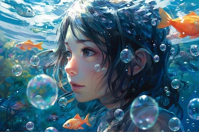 水下拍摄黑发蓝眼女孩微笑杰作