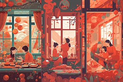 家庭团聚包饺子插画