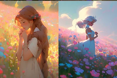 梦幻柔和花田女孩