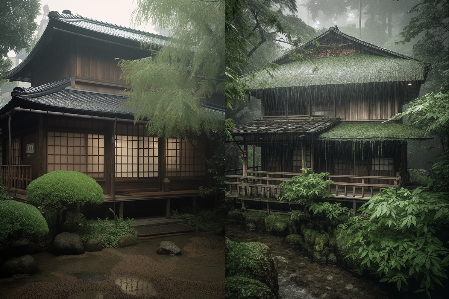 京都传统町家竹林雨景