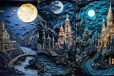 月光下的城堡与河流夜景