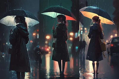 夜晚雨中撑伞的数码艺术