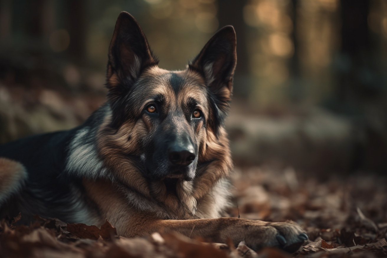 德国牧羊犬森林躺姿艺术照