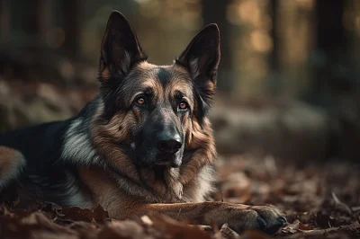 德国牧羊犬森林躺姿艺术照