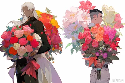 多彩外国牡丹花束男子肖像