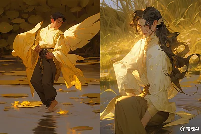 金色光芒中的中国少年复古飞翔