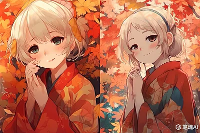 日本漫画风格女孩与枫叶插图