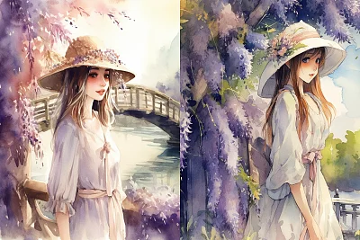 紫藤花长廊下的动漫风格水彩画女孩