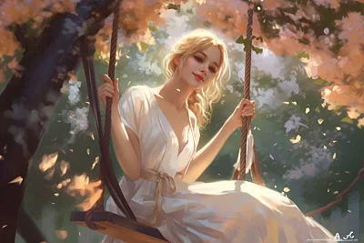 垂柳下快乐荡秋千的梦幻女子
