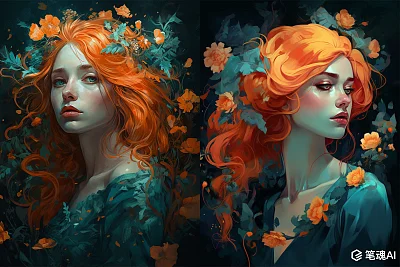 橙色头发黑色背景幻想现实主义