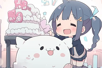 双马尾女孩生日与白猫动漫风