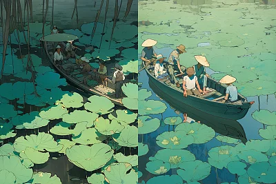 夏日荷塘水墨画