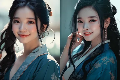 黑色长发女孩穿蓝色旗袍微笑特写