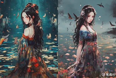 女人湖中穿花裙长发飘逸小鸟环绕