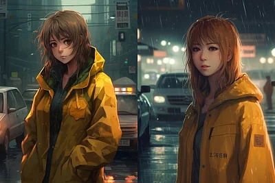 动漫风格黄色雨衣女街道景象