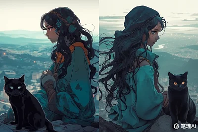 赛博朋克风格女子抱黑猫站在山顶