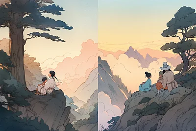 禅意山水父女共赏日出