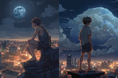 夏日夜晚动漫风格男子仰望流星雨