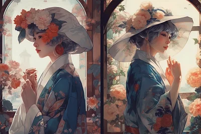 和服女子窗前戴花帽油画风格