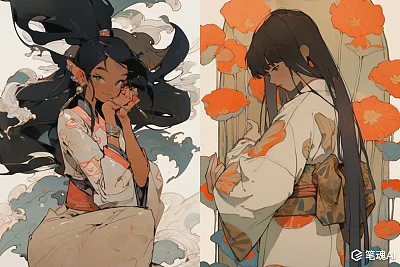 中国传统风格动漫木版画女性形象