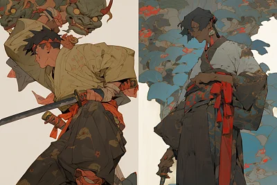 日本动漫风格中国传统服饰木版画