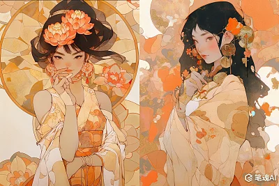 中国女孩手捧花朵的奇幻油画艺术