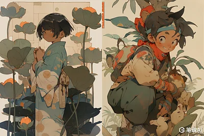 中国传统风格动漫木版画男孩