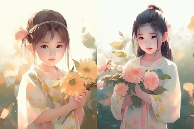 水彩风格小女孩手持鲜花阳光下