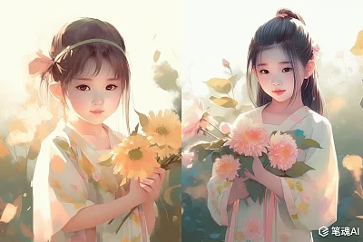 水彩风格小女孩手持鲜花阳光下