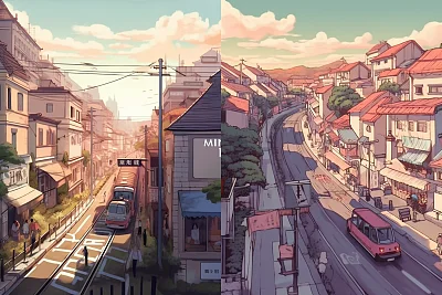 吉卜力风格城市俯瞰街景