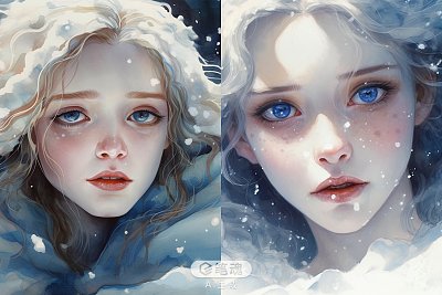 蓝色眼球女人雪地水彩画