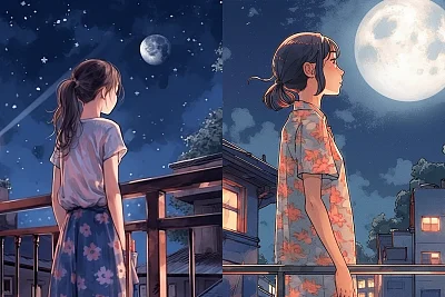 夏日黄昏水彩插画女孩观烟花