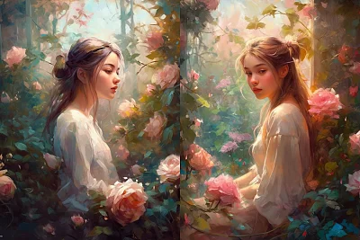 女孩玫瑰丛中油画风格