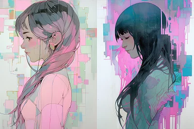 水彩风格电子乐女孩艺术作品