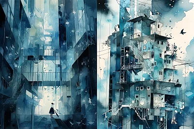 蓝色黑色线条自然抽象艺术画