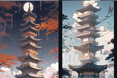 中国神话风格朋克宝塔插画