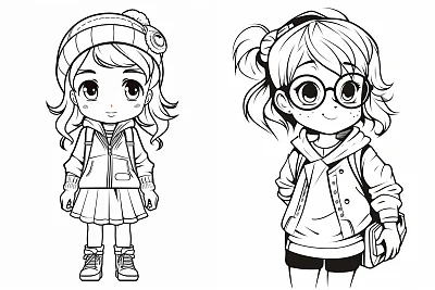 时尚潮流学生chibi女孩单色矢量图
