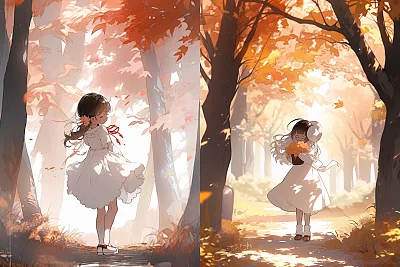 秋日公园中的小女孩与枫叶插画
