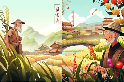 中国传统农民生活插画海报