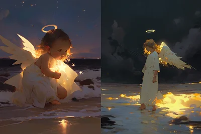 金色流云下的天使宝宝梦幻插画
