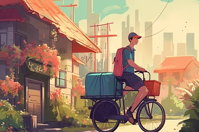 中国快递员城市送货插画