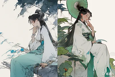 中国古代美女汉服水墨画