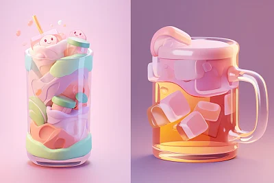 明亮色彩的低多边形3D啤酒杯图标设计