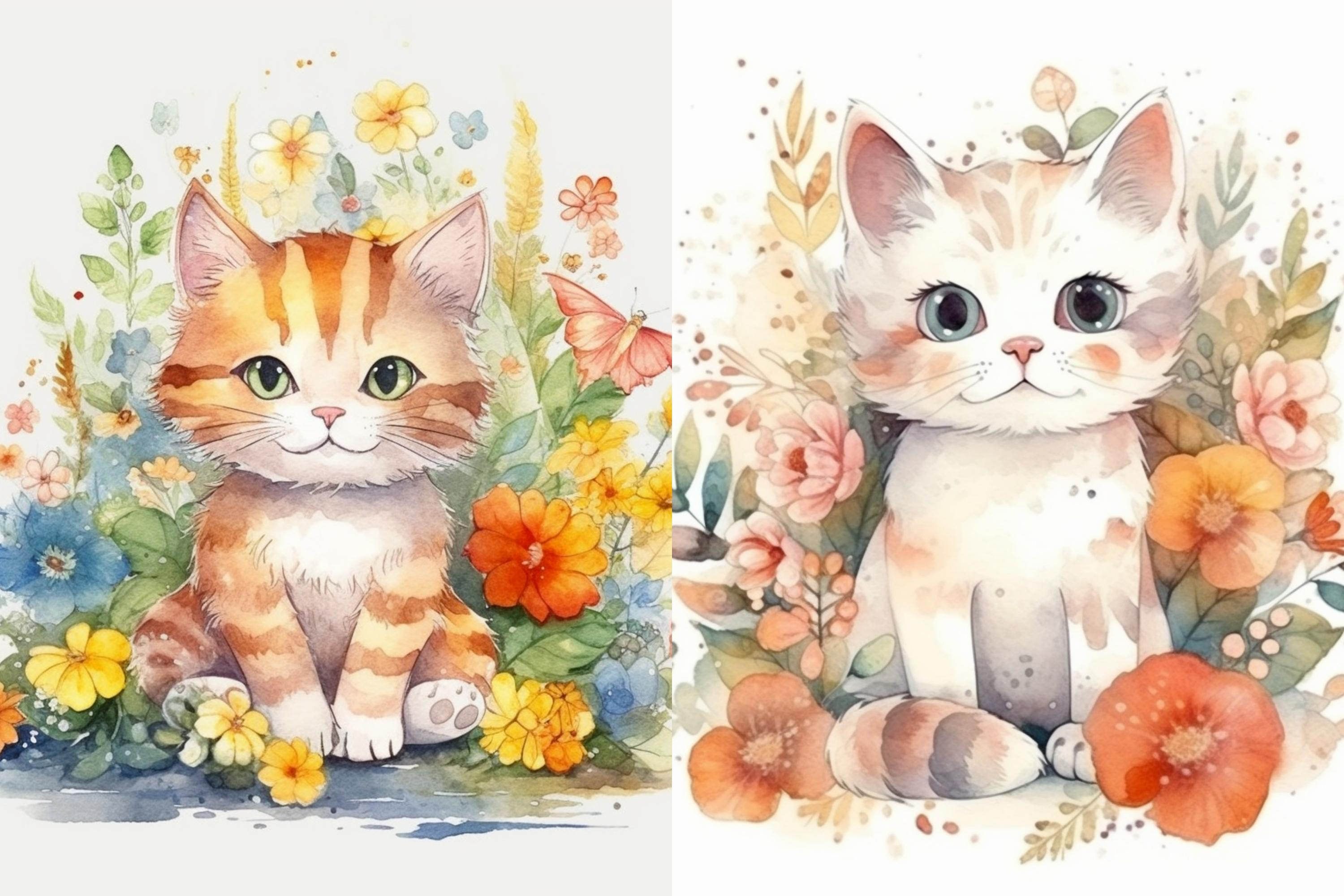 花丛中的可爱猫咪水彩画