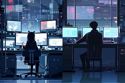 中国风科技公司办公插画海报