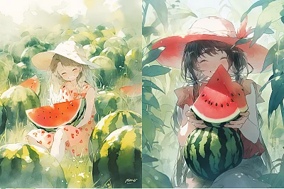 夏日西瓜地里的欢乐女孩