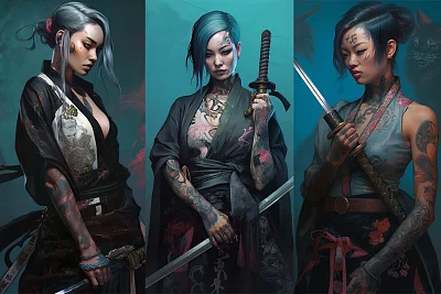 性感纹身女子手持武士刀超现实画作